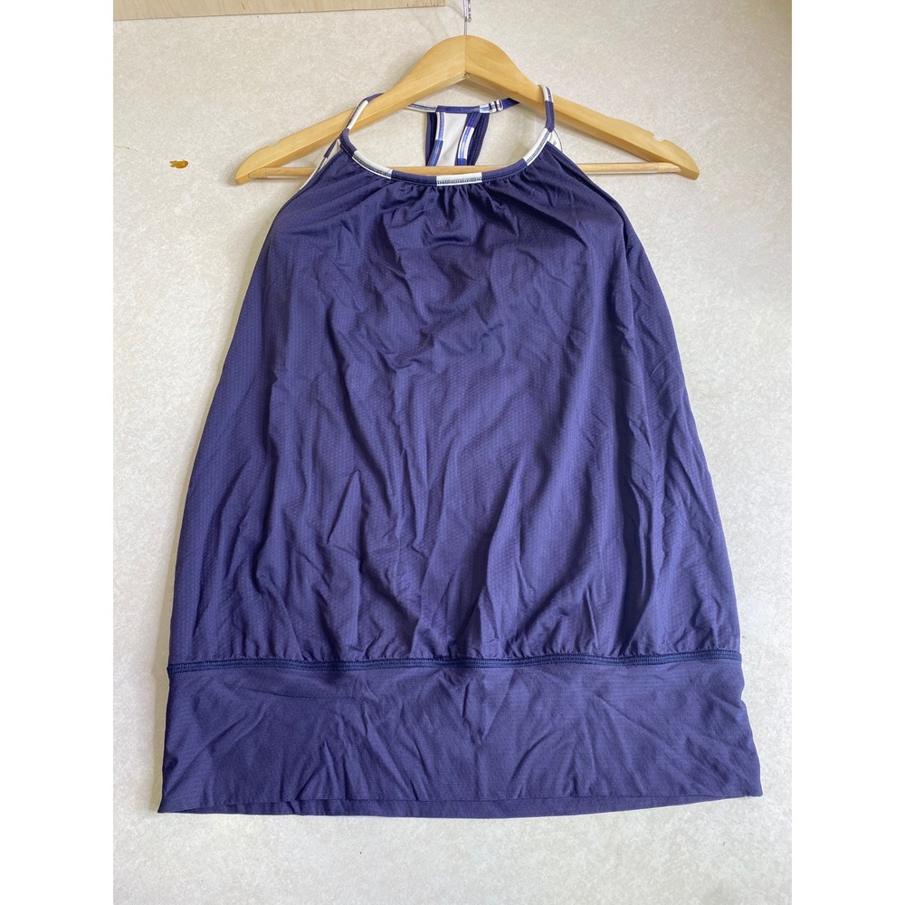 Lululemon 2-in-1 Tank Top Attached Sports Bra Navy Blue Striped Racerback 26"